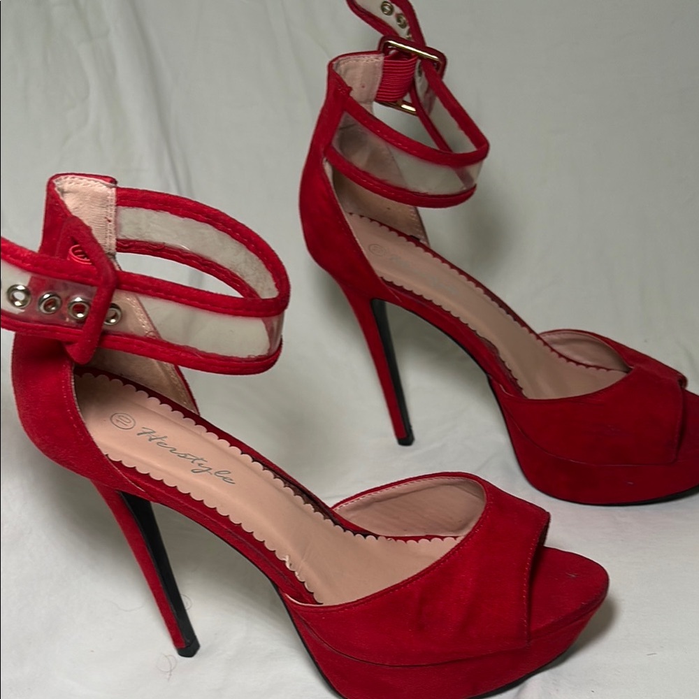 Herstyle Red Stiletto Heels Elegant Peep-Toe Sandals